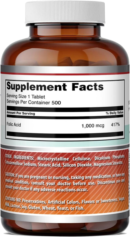 Amazing Formulae Folic Acid 1000 mcg (1 mg) Tablets, 500 Count