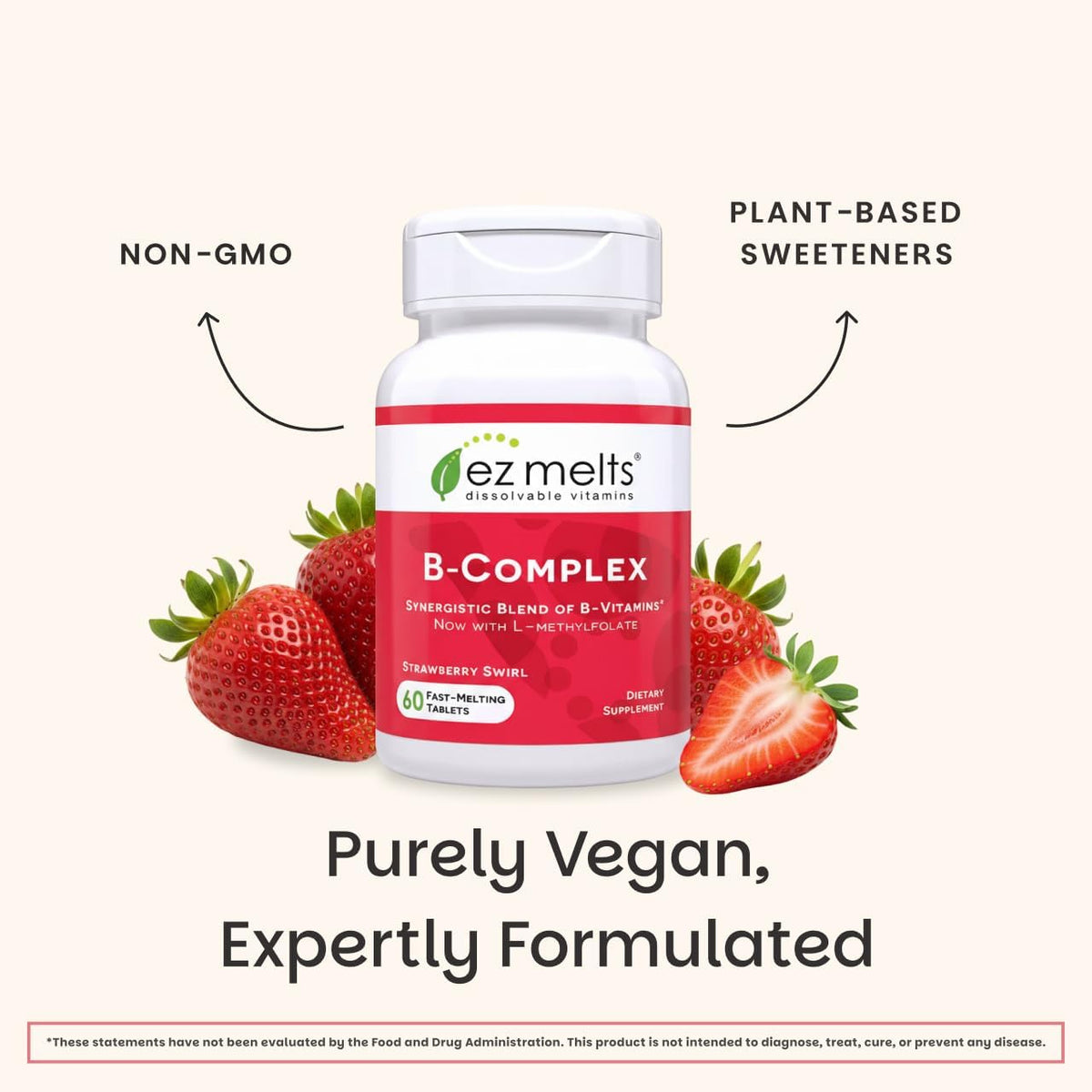 EZ Melts Dissolvable B-Complex - Vitamin B Complex with Methylated B12 & Folate - Strawberry Swirl - 60 Tablets - görsel 6