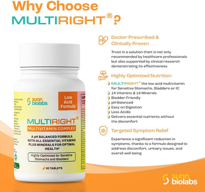 MULTIRIGHT Low Acid Multivitamin | Bladder-Friendly | 14 Vitamins and 14 Minerals | pH Balanced | 90 Tablets