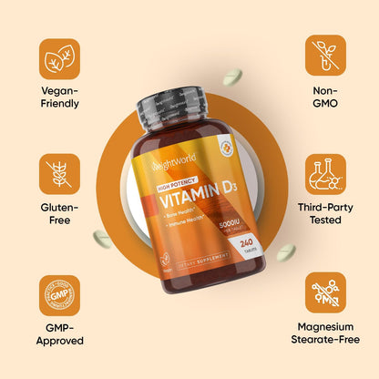 WeightWorld Vegan Vitamin D3 5000 IU Tablets – 240 Tablets – Bone & Immune Health Support