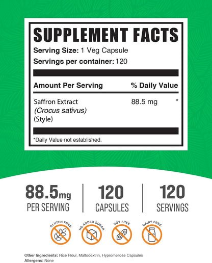 BulkSupplements Saffron Extract Capsules - 88.5mg, 120 Veg Capsules