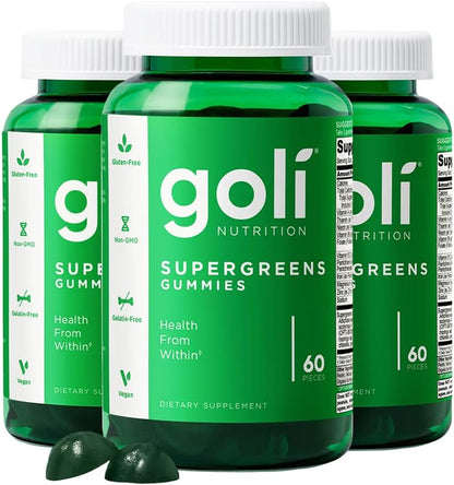 Goli SuperGreen Vitamin Gummies - 180 Count - Vegan, Gluten-Free Multivitamin Gummies (Pack of 3)
