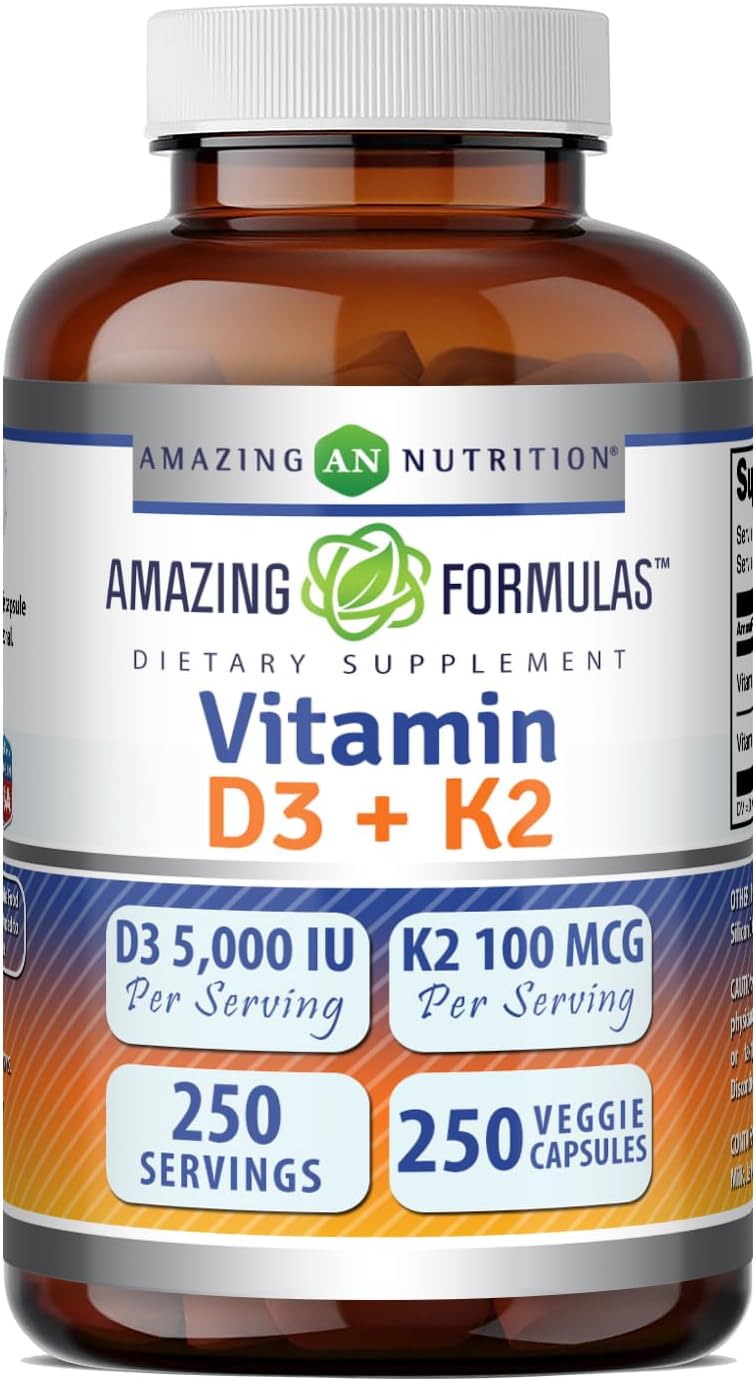 Amazing Formulae Vitamin D3 5000 IU with Vitamin K2 100 mcg, 250 Veggie Capsules - görsel 1