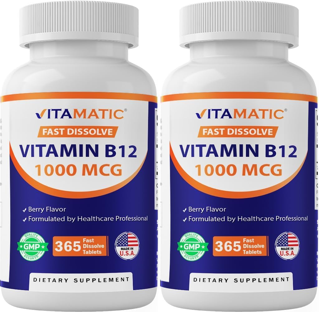 Vitamatic Vitamin B12 1000 mcg Fast Dissolve Tablets – Natural Berry Flavour – 365 Tablets per Bottle – Supports Energy Metabolism & Nervous System Health - görsel 1