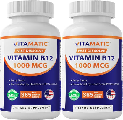 Vitamatic Vitamin B12 1000 mcg Fast Dissolve Tablets – Natural Berry Flavour – 365 Tablets per Bottle – Supports Energy Metabolism & Nervous System Health