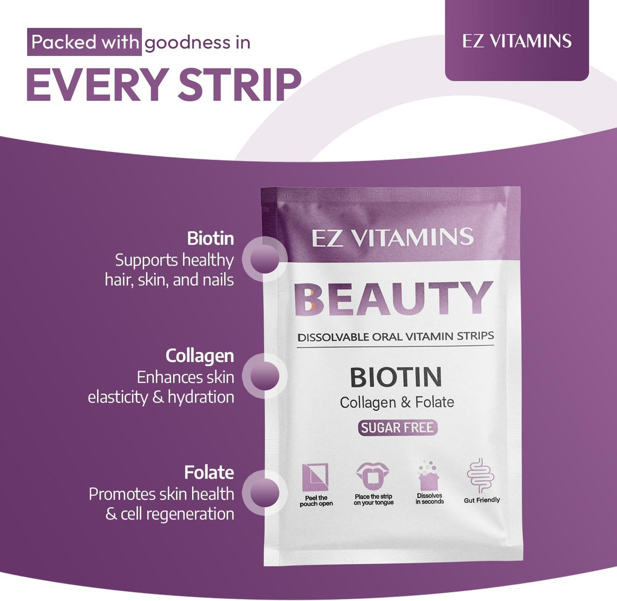 EZ VITAMINS Oral Strips for Hair, Skin and Nails – Fast-Dissolving Biotin, Vitamin E, Collagen and Folate – Strawberry Flavour, 30 Strips - görsel 4