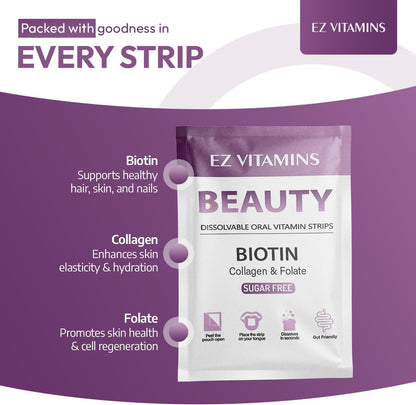 EZ VITAMINS Oral Strips for Hair, Skin and Nails – Fast-Dissolving Biotin, Vitamin E, Collagen and Folate – Strawberry Flavour, 30 Strips