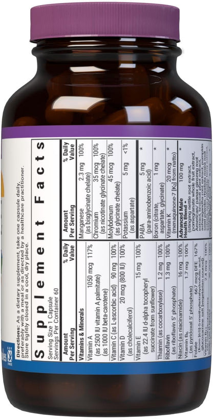 Bluebonnet Nutrition One for Men Whole Food-Based Multiple, Daily Nutrition*, Non-GMO, Vegetarian Friendly, Kosher, Gluten-Free, Soya-Free, Dairy-Free, Iron-Free, 60 Vegetable Capsules, 60 Servings