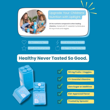 Upright Nutrition Children's Multivitamin - Sugar-Free Chewable with 17 Essential Vitamins & Minerals and 50mg Fruit & Vegetable Blend, 30-Day Supply