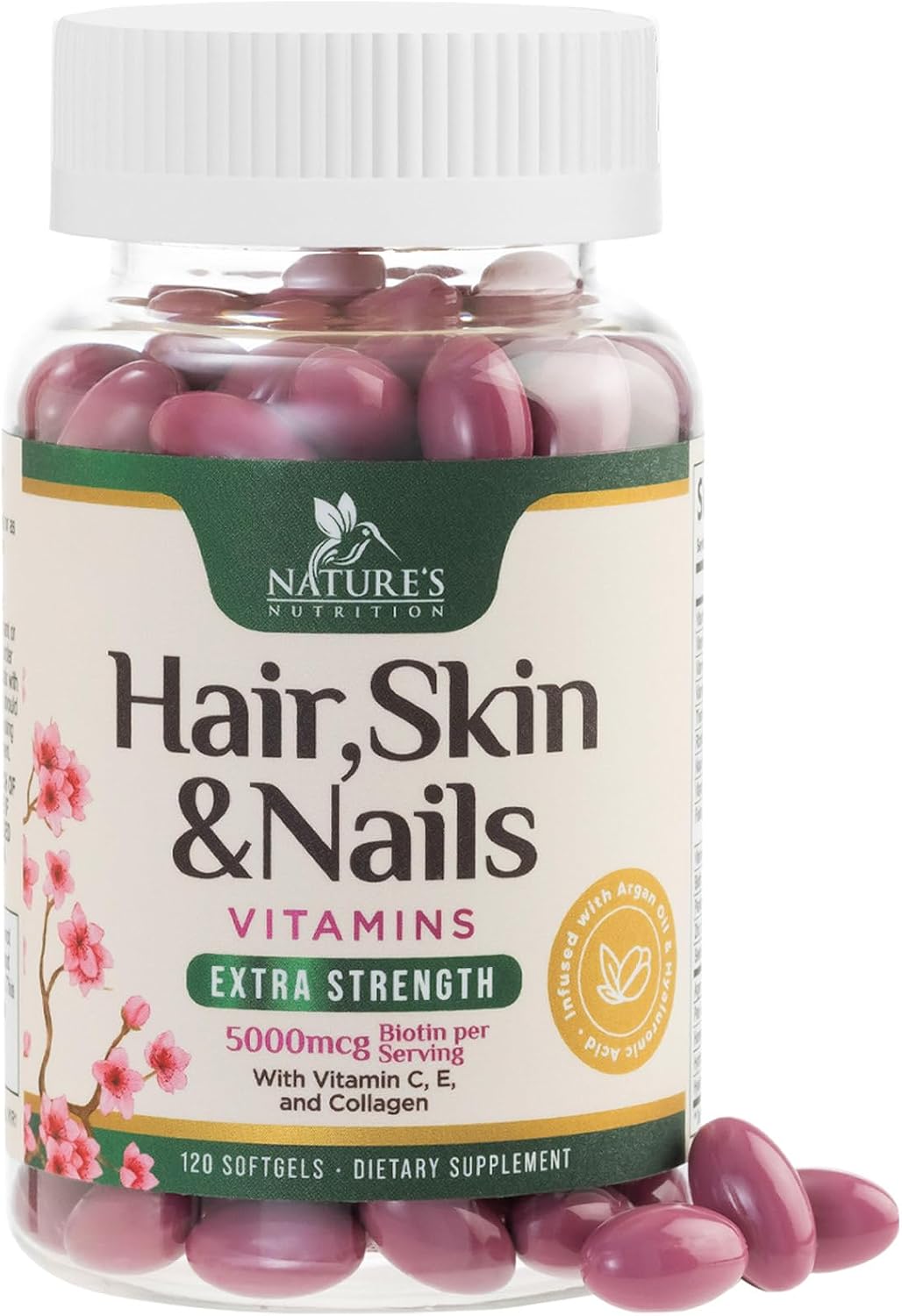 Hair, Skin and Nails Vitamins - Biotin 5000mcg with Collagen, Argan Oil and Hyaluronic Acid - 120 Softgels - görsel 1