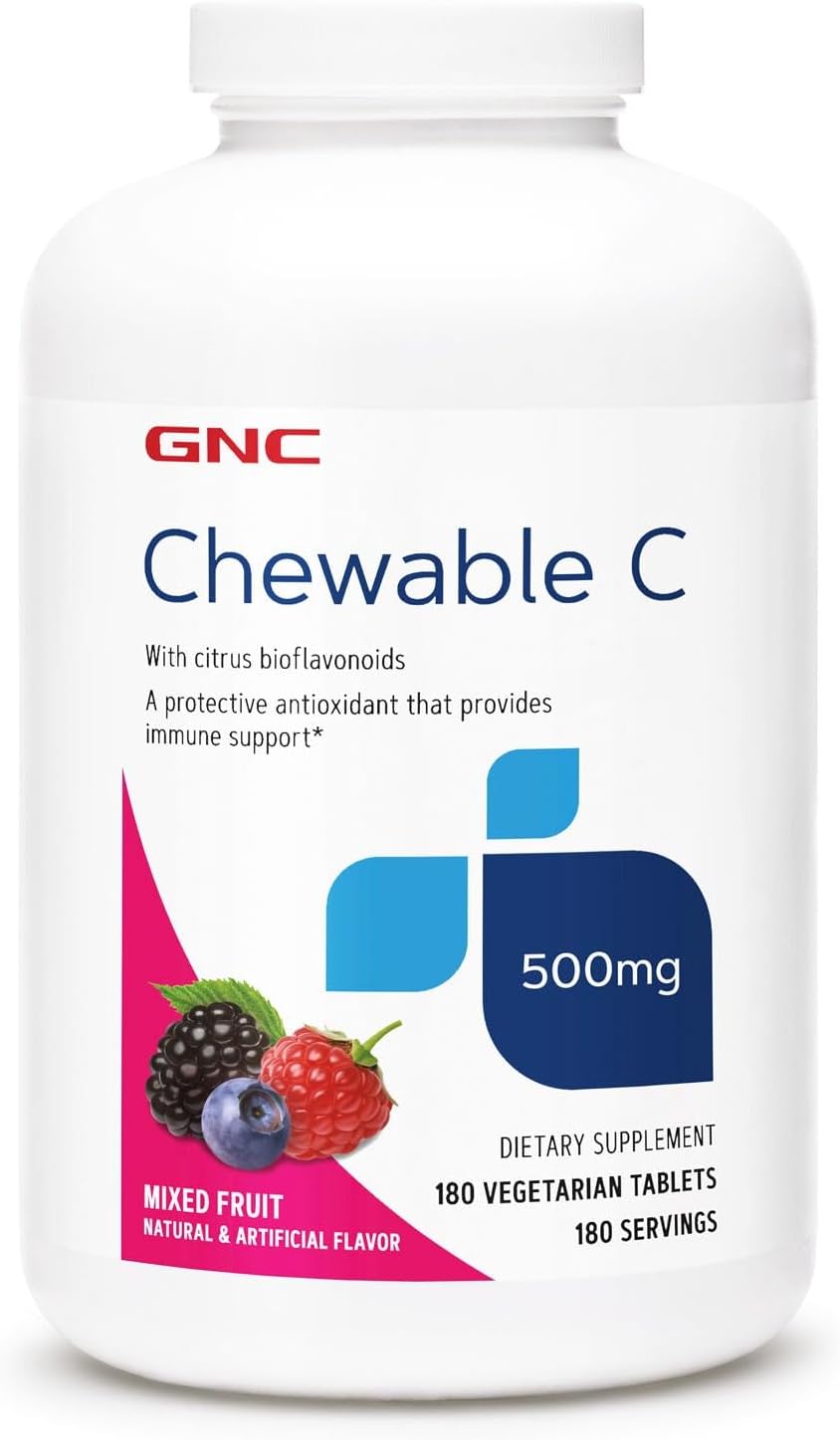 GNC Vitamin C 500mg Chewable Tablets with Citrus Bioflavonoids, Mixed Fruit Flavour - 180 Chewable Tablets - görsel 1