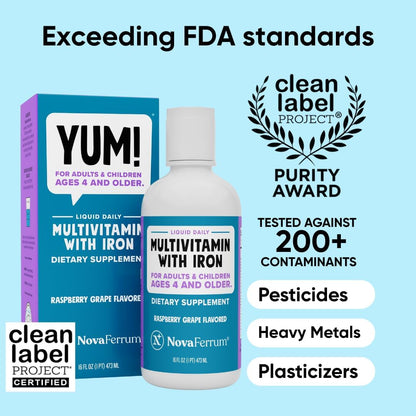 NovaFerrum Yum Multivitamin with Iron, 473 ml – Sugar Free, Gluten-free, Raspberry and Grape Flavour
