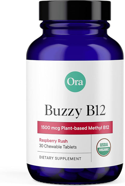 Ora Organic Vitamin B12 1500mcg - Plant-Based Methylcobalamin for Adults - Natural Stimulant-Free Energy, Raspberry Flavour Chewable Tablets, No Added Sugar - 30 Tablets