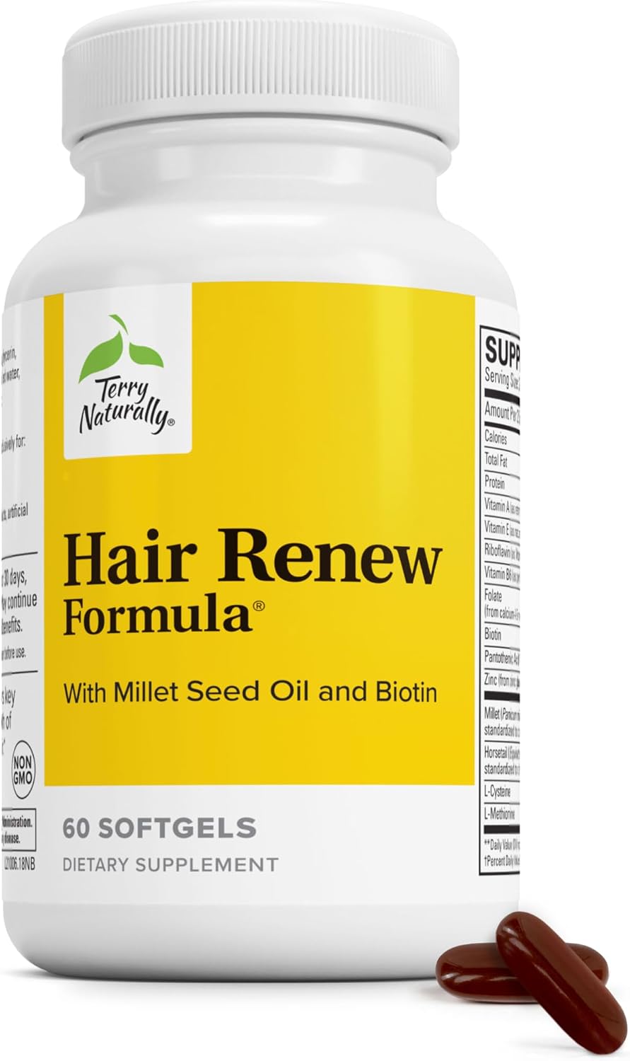Terry Naturally Hair Renew Formula - 60 Softgels - Promotes Healthy Hair and Nourishes Thinning Hair with Millet Seed Oil, Horsetail, Biotin & Folic Acid - Gluten-Free - 30 Servings - görsel 1