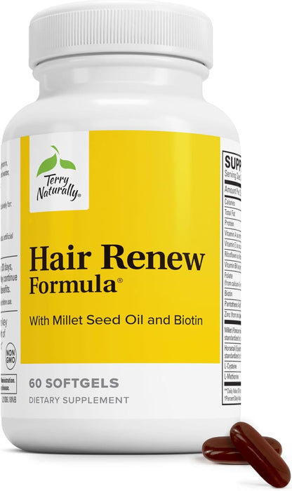 Terry Naturally Hair Renew Formula - 60 Softgels - Promotes Healthy Hair and Nourishes Thinning Hair with Millet Seed Oil, Horsetail, Biotin & Folic Acid - Gluten-Free - 30 Servings