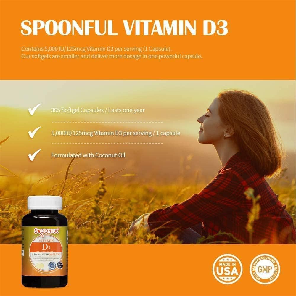 Spoonful Vitamin D3 with Coconut Oil 5000 IU - 365 Soft gel capsule Capsules (1-Year Supply) - görsel 3