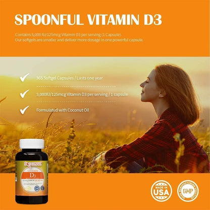 Spoonful Vitamin D3 with Coconut Oil 5000 IU - 365 Soft gel capsule Capsules (1-Year Supply)