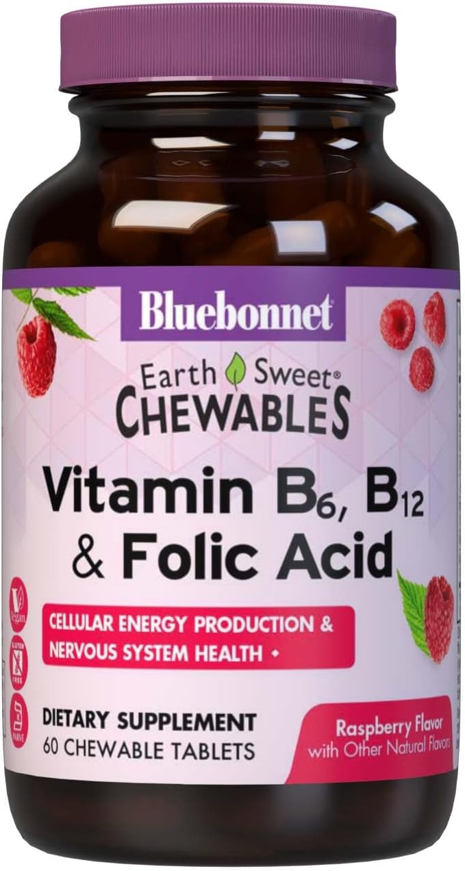 Bluebonnet Nutrition Earth Sweet Vitamin B6, B12 & Folic Acid Chewable Tablets, Raspberry Flavour - görsel 1