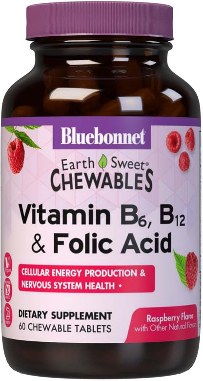 Bluebonnet Nutrition Earth Sweet Vitamin B6, B12 & Folic Acid Chewable Tablets, Raspberry Flavour