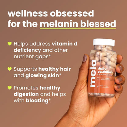 Mela Daily Essentials Multivitamin for Melanated Women - High-Dose Vitamin D3 and B12, Probiotics, Lion's Mane, Ceylon Cinnamon - Vegan, Gluten-Free, Non-GMO, 30-Day Supply (60 Capsules)