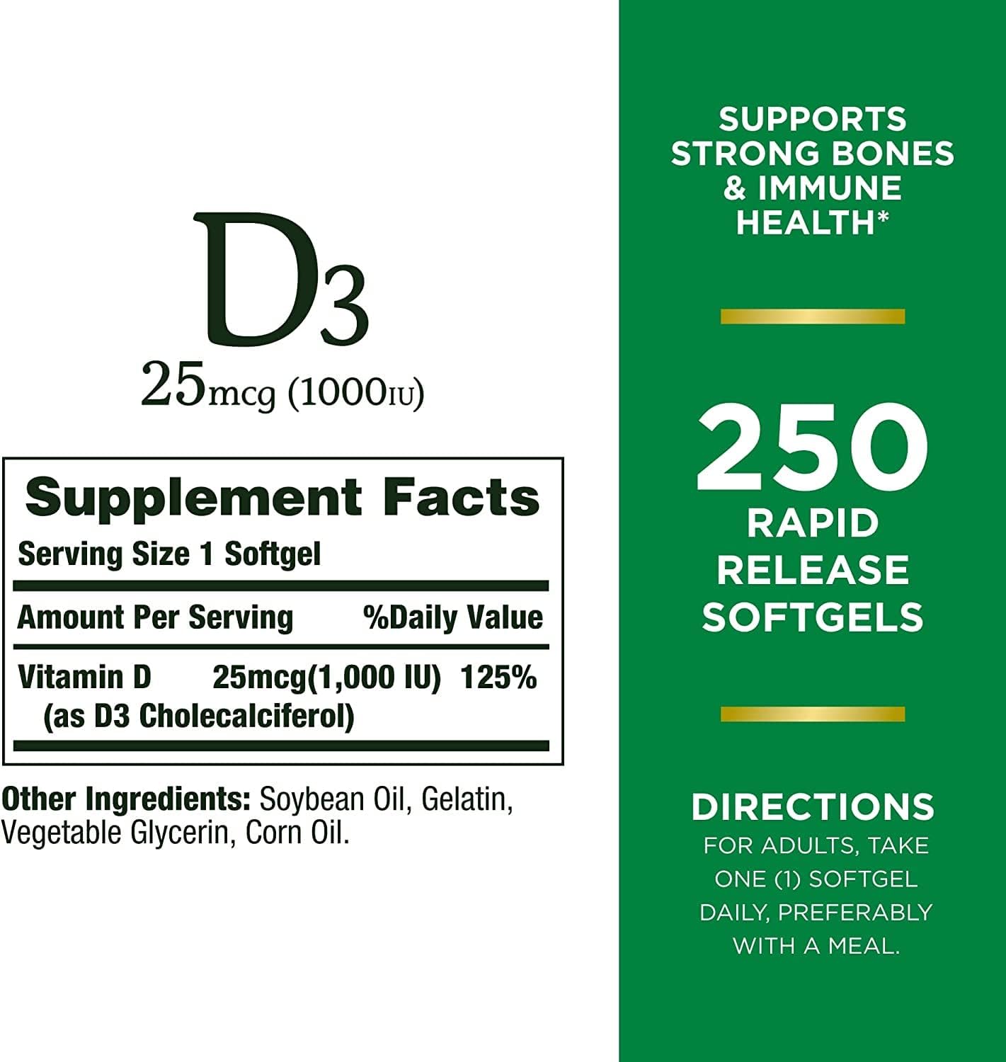 Nature's Bounty Vitamin D3 1000 IU Rapid Release Softgels, 250 Capsules (Pack of 3) - görsel 5