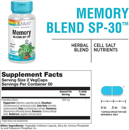SOLARAY Memory Blend SP-30 - Herbal Supplement for Memory, Focus & Concentration - Non-GMO, Vegan - 100 Vegetable Capsules