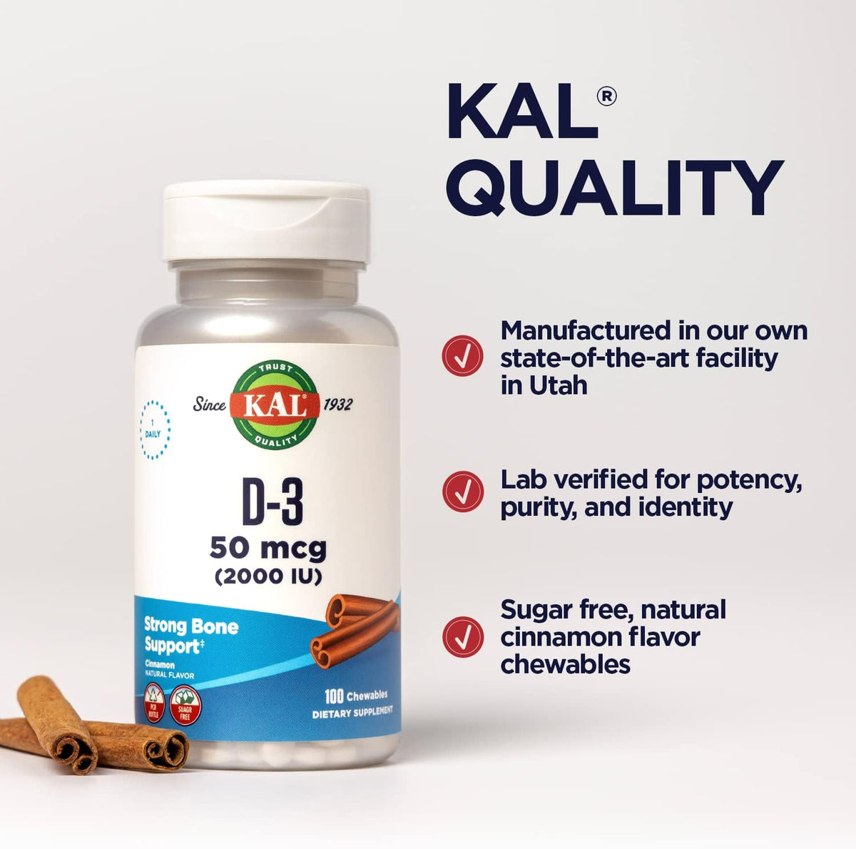 KAL Vitamin D3 Chewables - 2000 IU (50 µg) - Sugar Free Natural Cinnamon - 100 Chewables - görsel 5