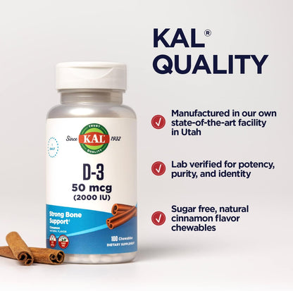 KAL Vitamin D3 Chewables - 2000 IU (50 µg) - Sugar Free Natural Cinnamon - 100 Chewables