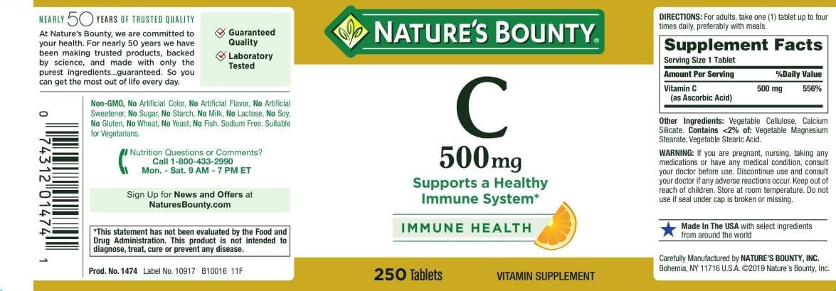 Nature's Bounty Pure Vitamin C 500 mg Tablets – 9 Bottles, 250 Tablets Each - görsel 5