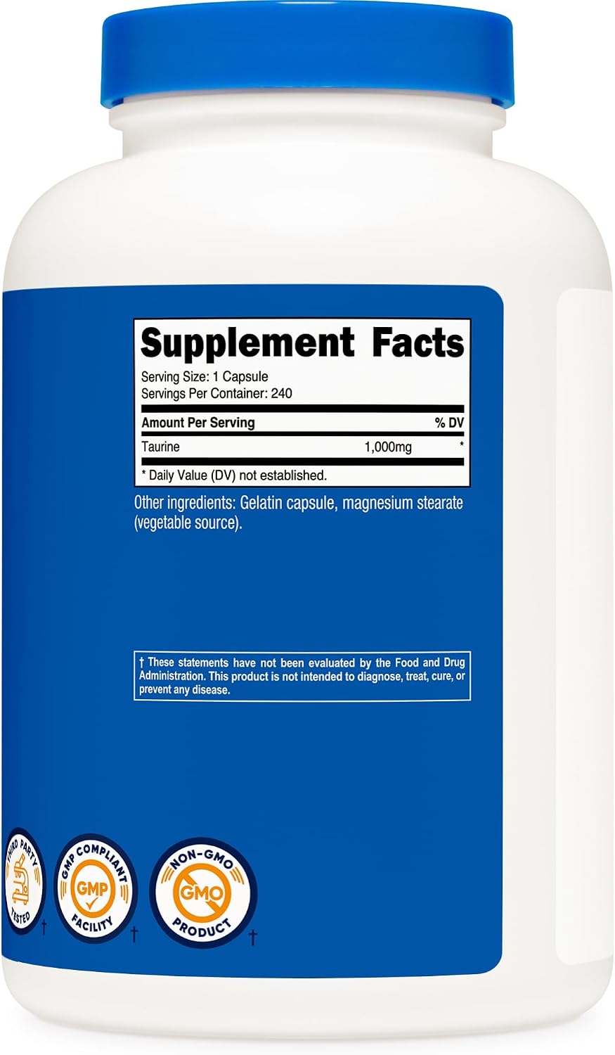 Nutricost Taurine 1000mg Capsules Supplement, 240 Capsules Per Bottle, Non-GMO & Gluten-Free - görsel 5