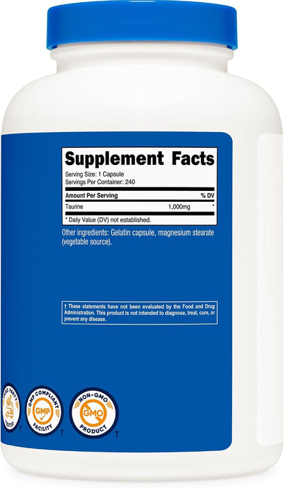 Nutricost Taurine 1000mg Capsules Supplement, 240 Capsules Per Bottle, Non-GMO & Gluten-Free