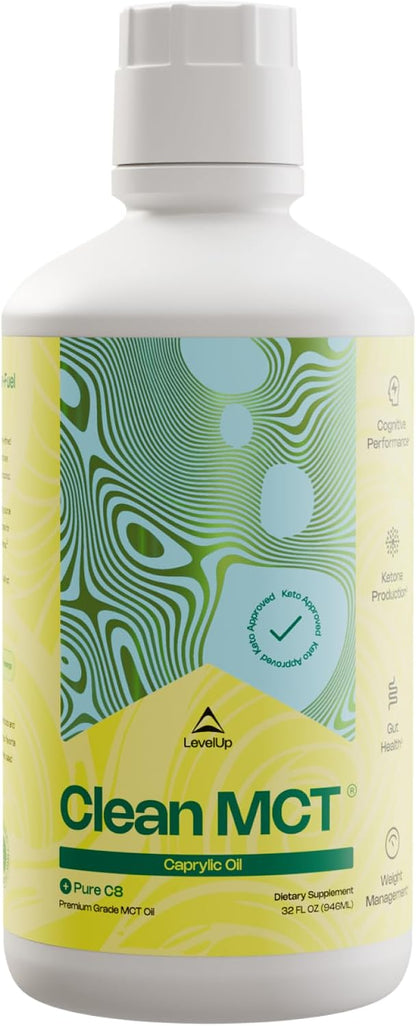 LevelUp C8 MCT Oil – 100% Pure Caprylic Acid (from Coconut) for Clean Energy & Focus – Keto-Friendly MCT Oil for Coffee – Non-GMO (Glass Bottle, 473 ml)