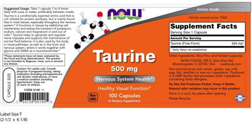 NOW Taurine 500mg, 100 Capsules (Pack of 3) - görsel 2