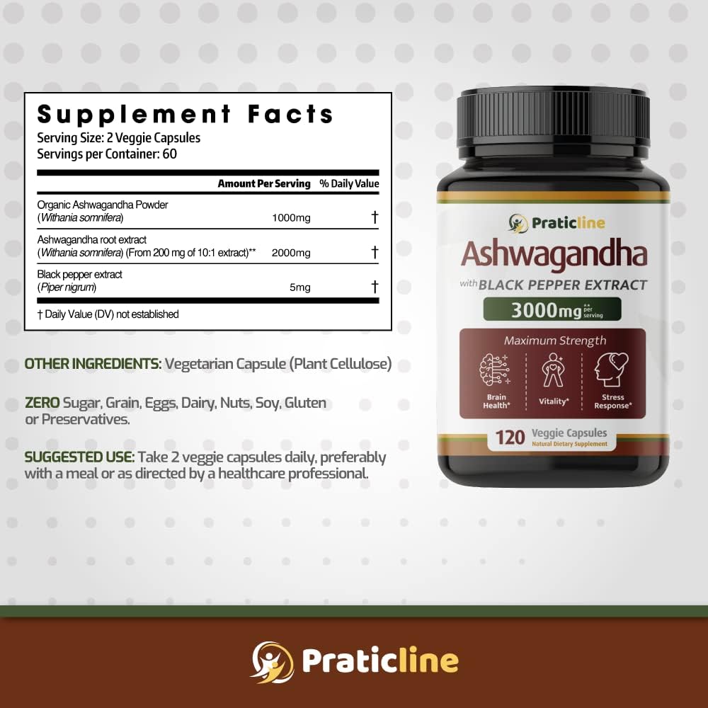 PRATIC LINE Ashwagandha Capsules 3000 mg - 120 Vegan Capsules, Organic Root Powder & Extract, Gluten-free, Made in USA - görsel 8