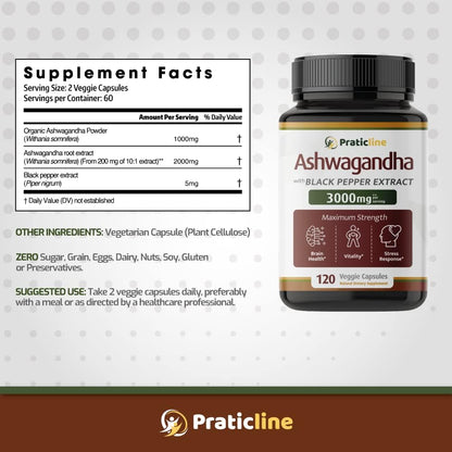 PRATIC LINE Ashwagandha Capsules 3000 mg - 120 Vegan Capsules, Organic Root Powder & Extract, Gluten-free, Made in USA