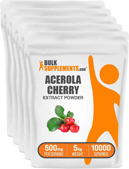 BulkSupplements.com Acerola Cherry Extract Powder - Natural Vitamin C Supplement, Vegan & Gluten-free, 500mg per Serving, 1kg (2.2 lb) (Pack of 5)