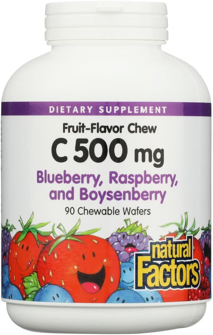 Natural Factors Kids Chewable Vitamin C 500 mg – Blueberry, Raspberry & Boysenberry, 90 Wafers