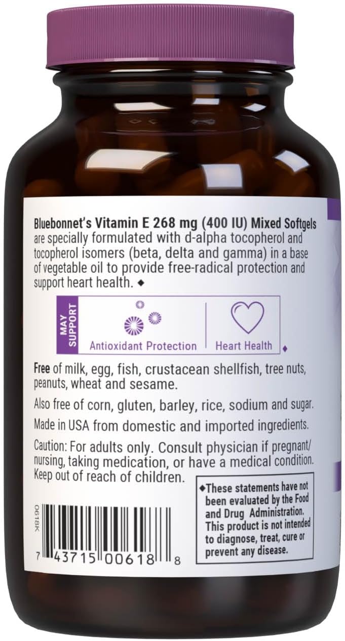 Bluebonnet Nutrition Vitamin E 400 IU (268 mg) Mixed Tocopherols Soft Capsules - görsel 3