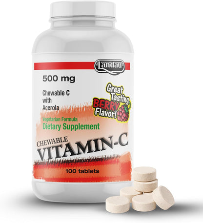 Landau 500mg Chewable Vitamin C Tablets for Kids & Adults – with Acerola – Kosher – Great Tasting Berry Flavour, 100 Tablets