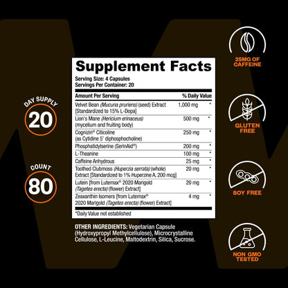 ONNIT Alpha Brain Black Label Capsules - Cognitive Support with Citicoline, Lion's Mane and Lutein (80 Capsules)