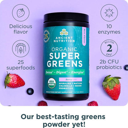 Ancient Nutrition Organic SuperGreens Powder with Probiotics, Berry Flavour - 25 Servings