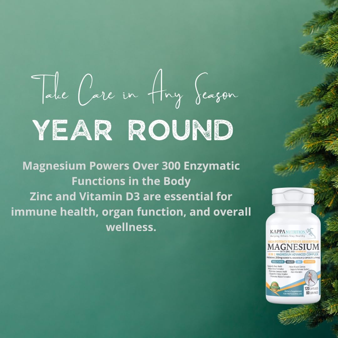 Kappa Nutrition Magnesium 4-in-1 – 280mg Elemental Magnesium (Bisglycinate & Malate) + Zinc & Vitamin D3 – 120 Vegan Capsules - görsel 6