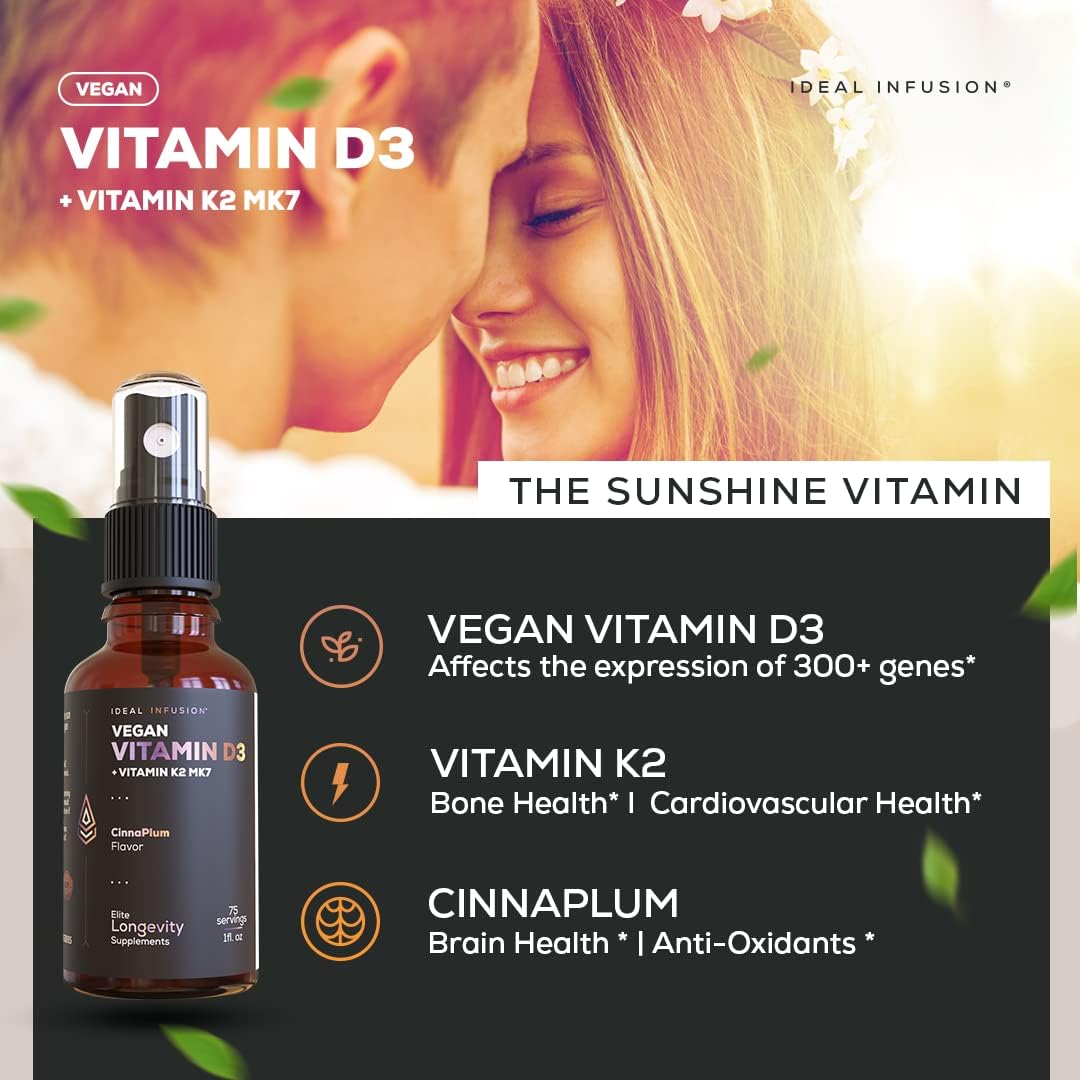 Ideal Infusion Vegan Vitamin D3 5000 IU with K2 (MK-7) Liquid Spray - Organic Plum Cinnamon (75 Servings) - görsel 3