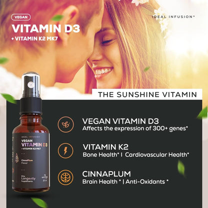 Ideal Infusion Vegan Vitamin D3 5000 IU with K2 (MK-7) Liquid Spray - Organic Plum Cinnamon (75 Servings)