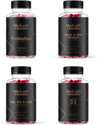 Black Girl Vitamins Complete Wellness Essentials – 30-Day Bundle with D3 Gummies, Probiotics, Hair-Skin-Nails & Sea Moss