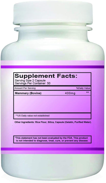Simply Raw MAMMARY Glandular - Raw Bovine Mammary Glandular 400 mg, 100 Capsules