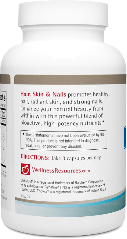 Wellness Resources Hair, Skin & Nails with Biotin, Cynatine HNS Keratin, OptiMSM, Bamboo & Grape Seed Extract – Food Supplement for Stronger Nails, Healthier Hair & Youthful Skin (90 Capsules)