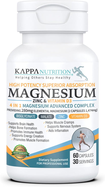 Kappa Nutrition Magnesium 4-in-1 – 280mg Elemental Magnesium (Bisglycinate & Malate) + Zinc & Vitamin D3 – 120 Vegan Capsules
