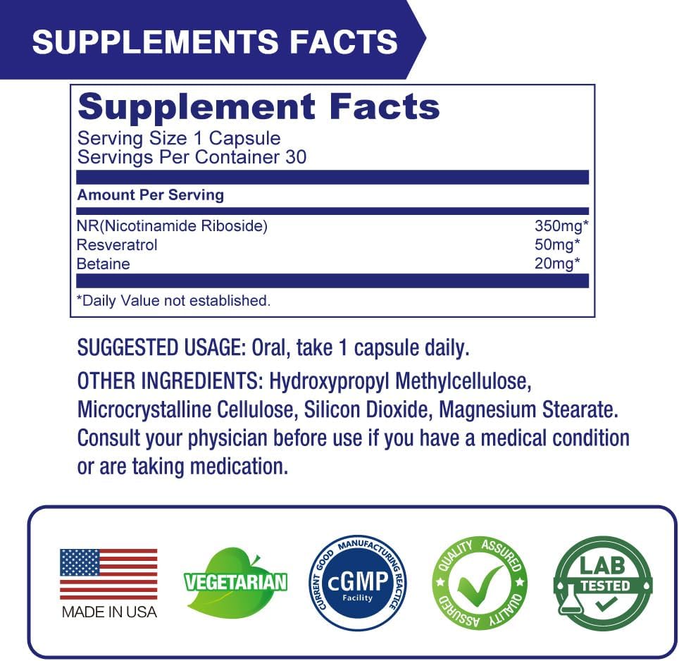 LOVITA NAD+ Food Supplement with NR, Resveratrol, and Betaine – 840 mg, 100 Capsules - görsel 6