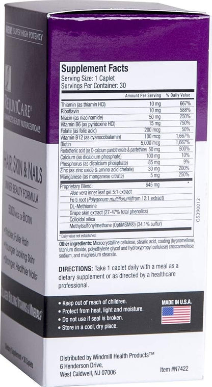 Rejuvicare Hair, Skin & Nails Beauty Formula with Biotin, Collagen Building Vitamins and Minerals, 30 Servings
